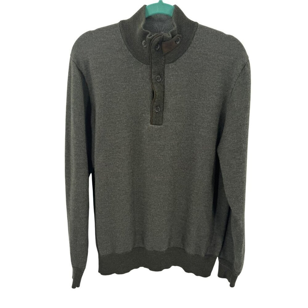 Orvis Olive Green 100% Merino Wool Sweater Mens L With Button-Up Mock Neck Style